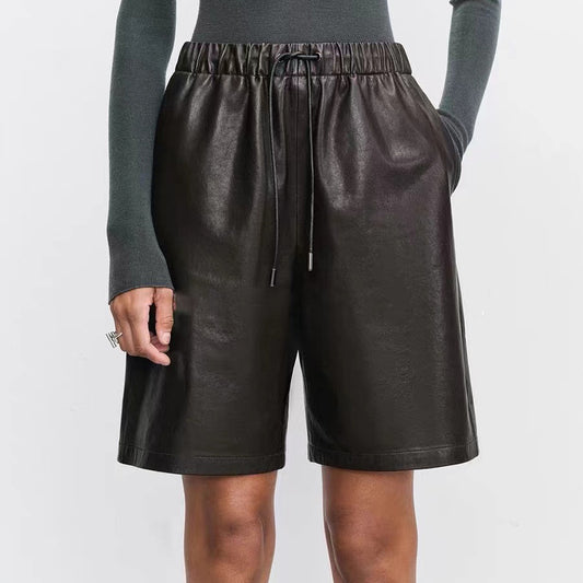 Sheepskin Elastic Waistband All-match Casual Straight-leg Leather Shorts Women