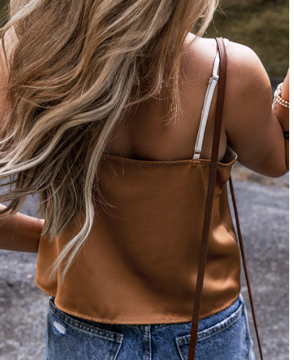 Khaki Chevron Color Block Spaghetti Straps Tank Top