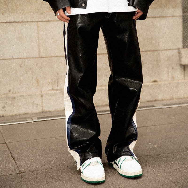 Men's Striped Leather Pants Loose And Straight