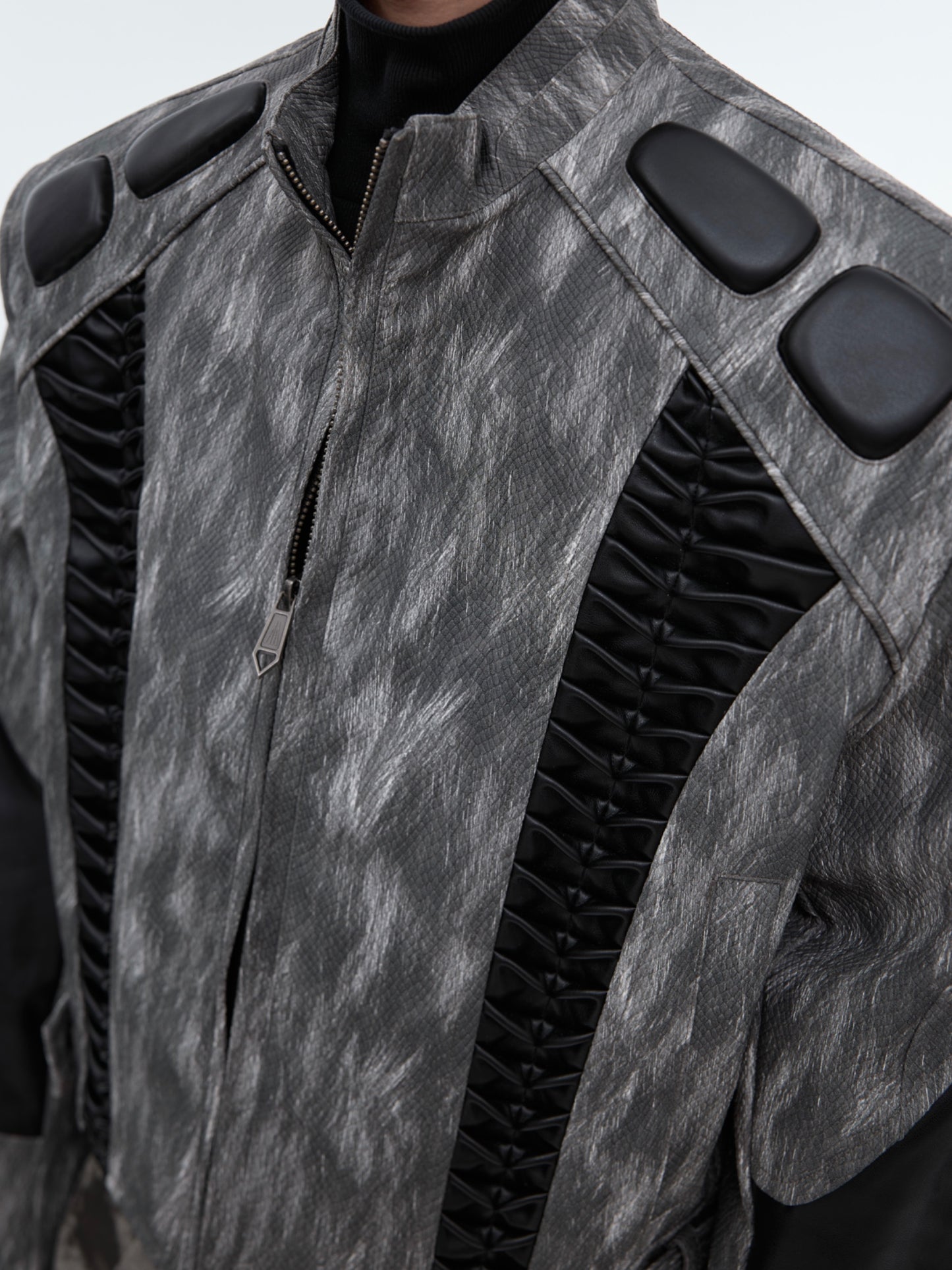 Short Design Padded Shoulder Leather Coat