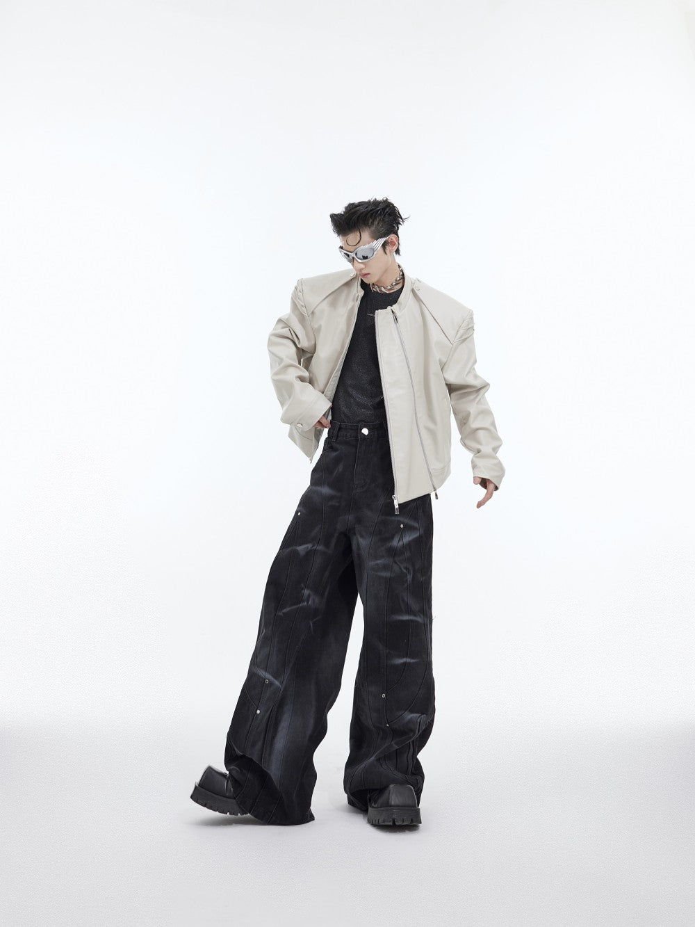 Double Zipper Split Design PU Leather Jacket Coat