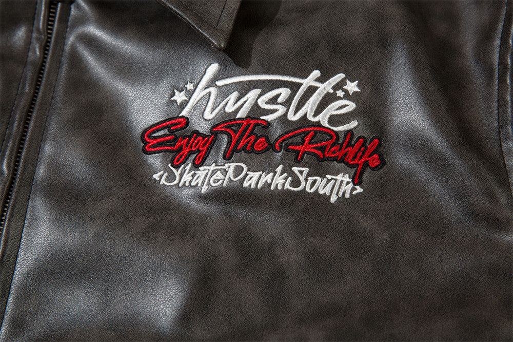 American-style Old Embroidery Letters Loose Leather Coat Men