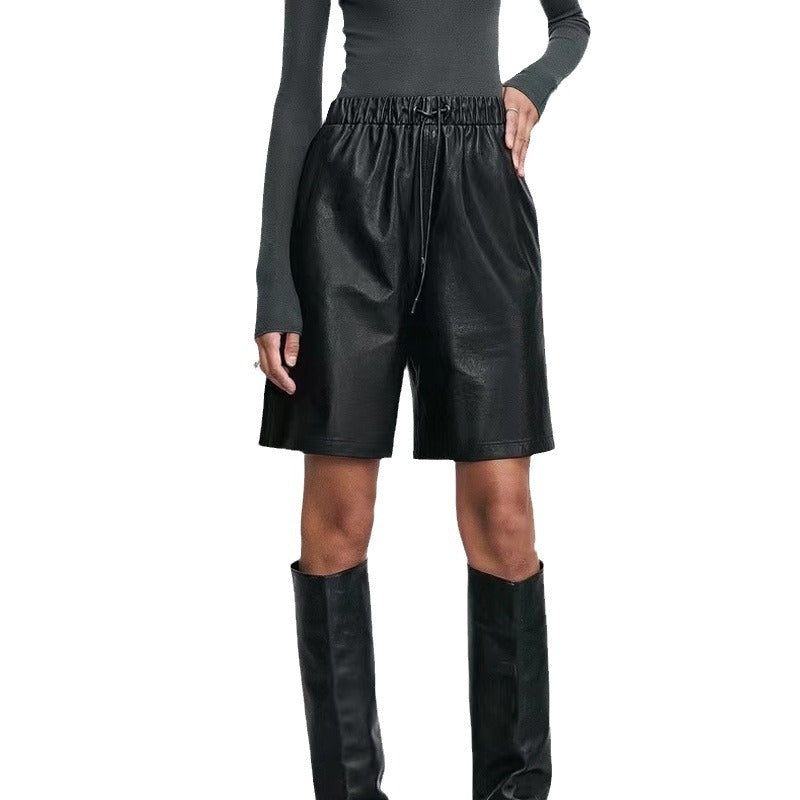 Sheepskin Elastic Waistband All-match Casual Straight-leg Leather Shorts Women
