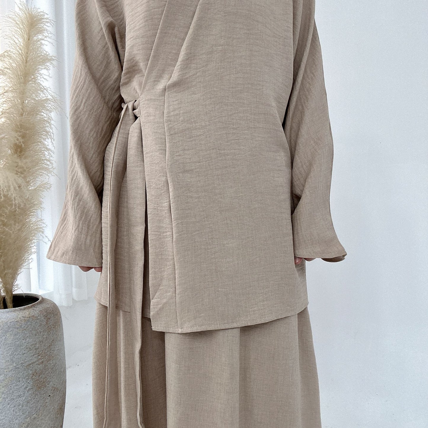 Solid Color Casual Lace Up Middle East Dubai Top And Skirt Suit