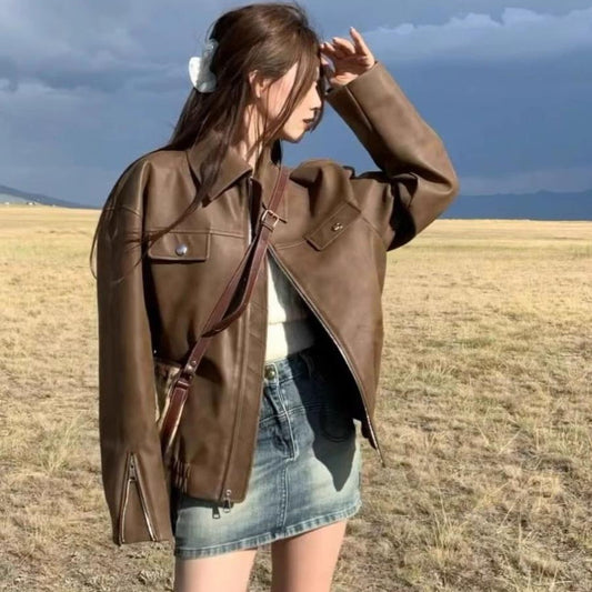 Women's Casual American Retro Solid Color Loose Leather Coat