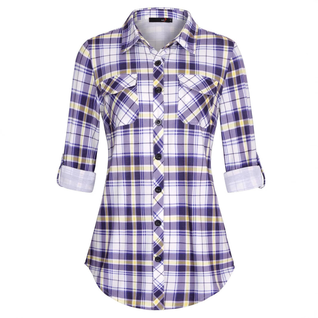 Plaid Pouch Button Cuff Comfort And Casual Printed Women's Shirt