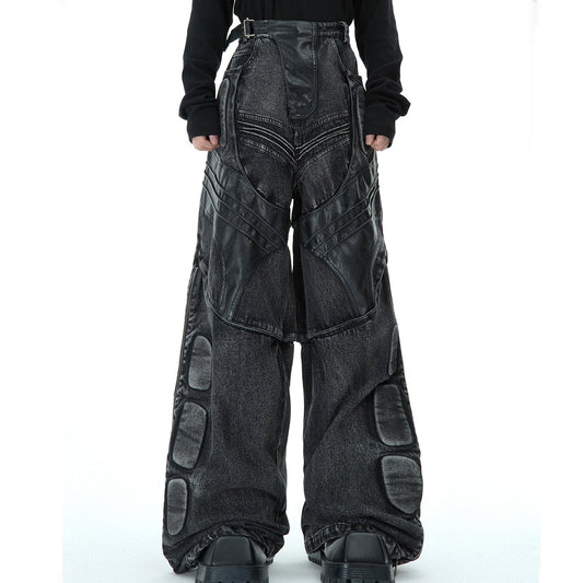 Heavy Washed Black Armor Jeans Deconstructed PU Leather Stitching Trousers