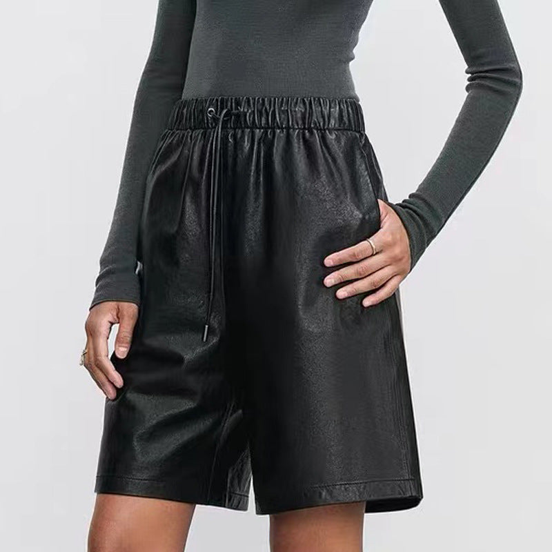 Sheepskin Elastic Waistband All-match Casual Straight-leg Leather Shorts Women