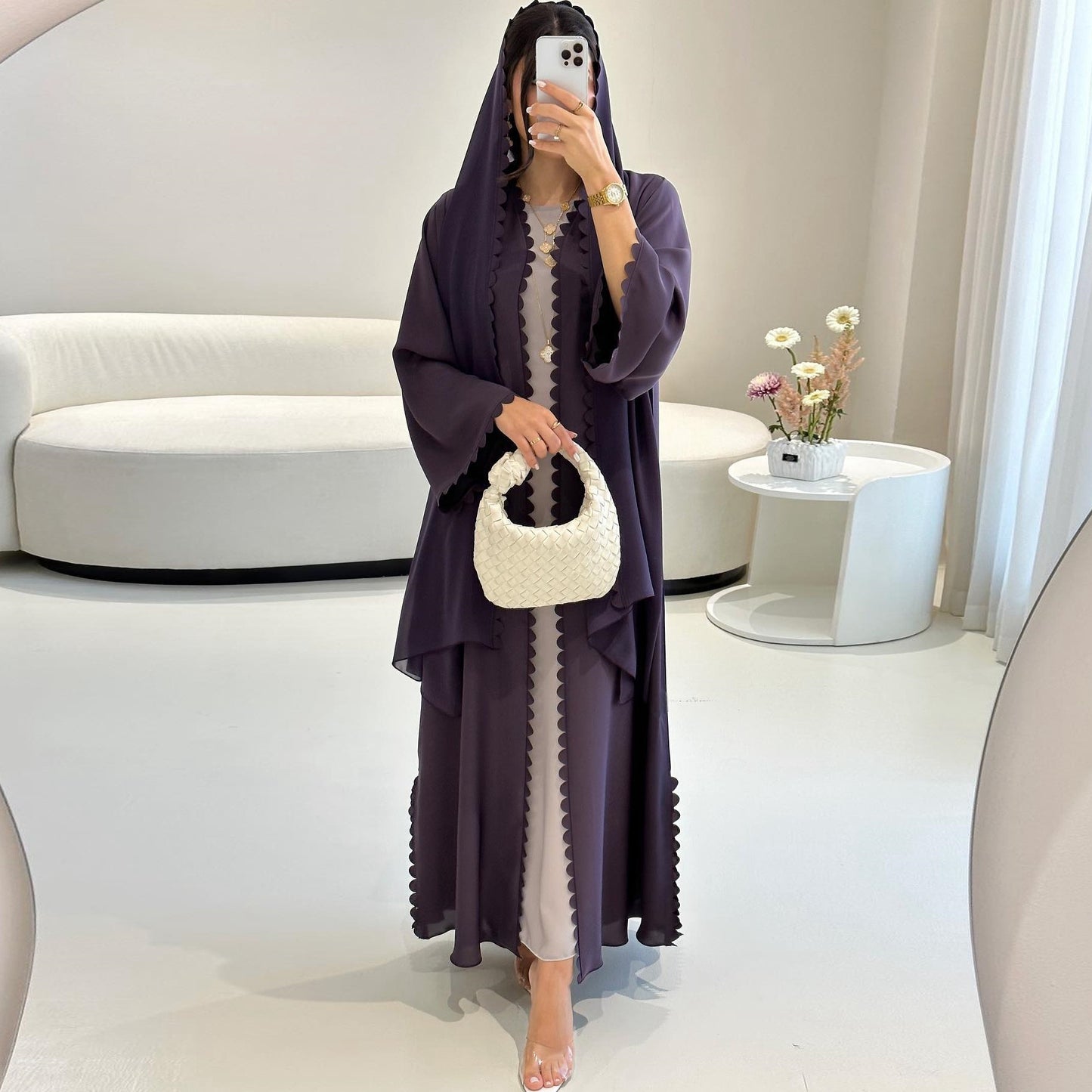 Fashion Dubai Turkey Elegant Cardigan With Scarf Two-piece Set