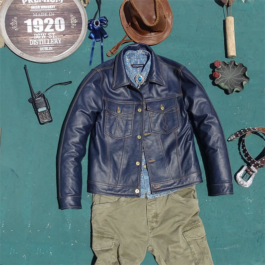 Head Layer Cowhide Knight Short Leather Jacket Top