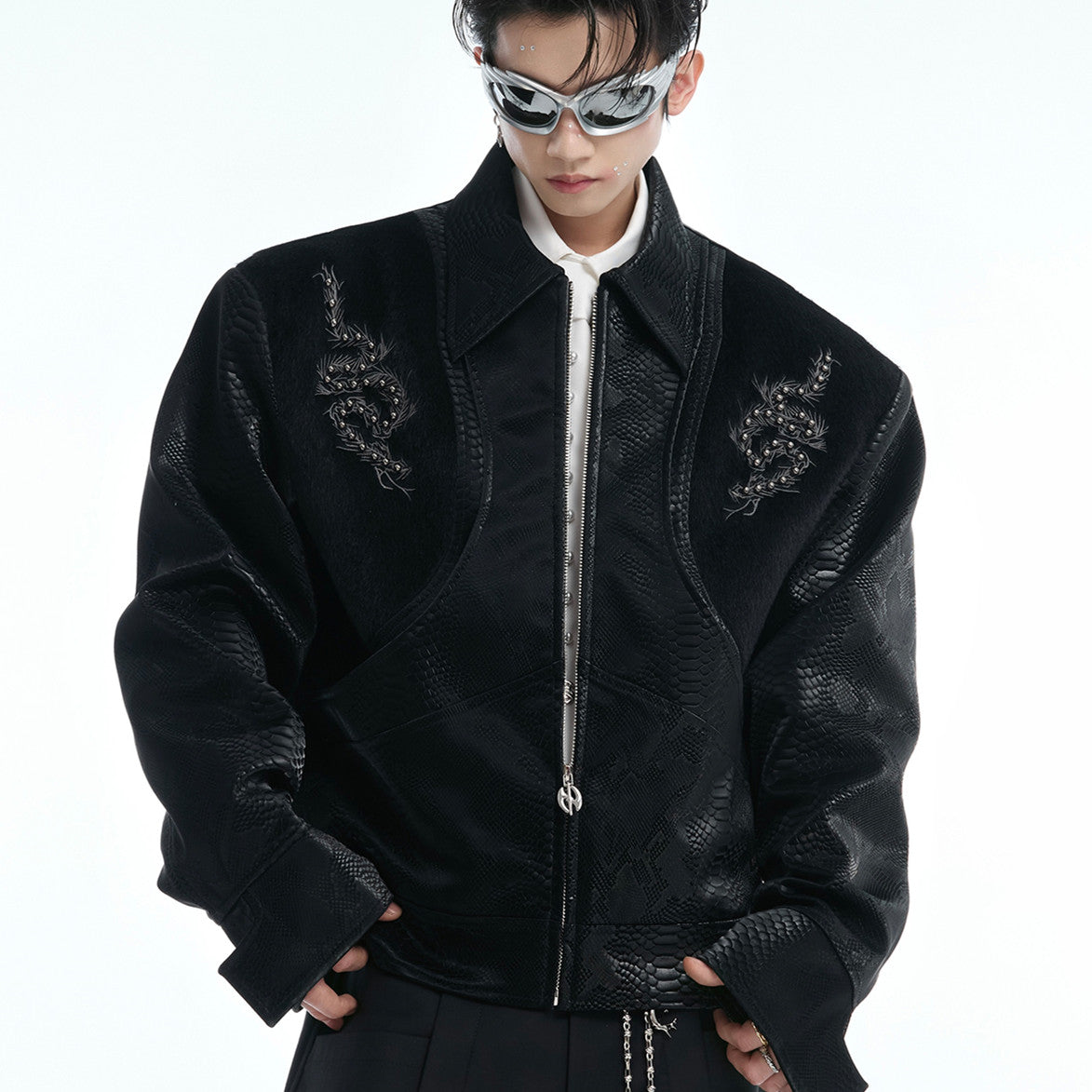 Niche Pattern Snakeskin Stitching Jacket Rivet Embroidery PU Leather Coat