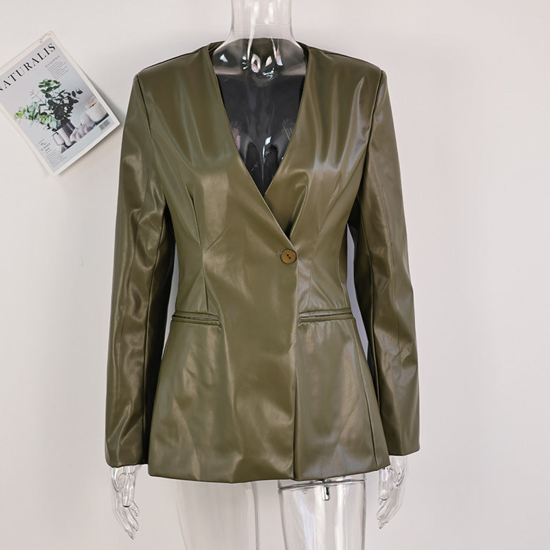 Fashionable Elegant Green V-neck Slim Suit Leather Coat