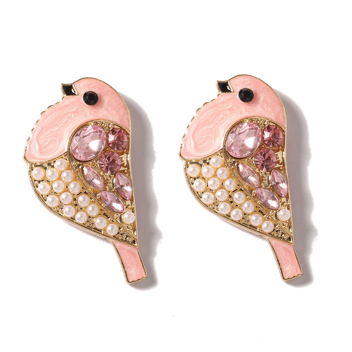 Creative And Cute Rhinestone-Embellished Bird Earrings With Imitation Pearls For Women