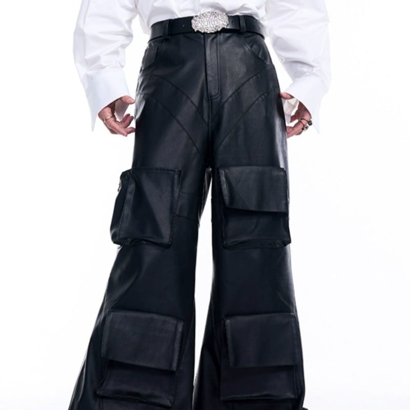 Autumn Three-dimensional Pocket Leather Pants Wide Leg