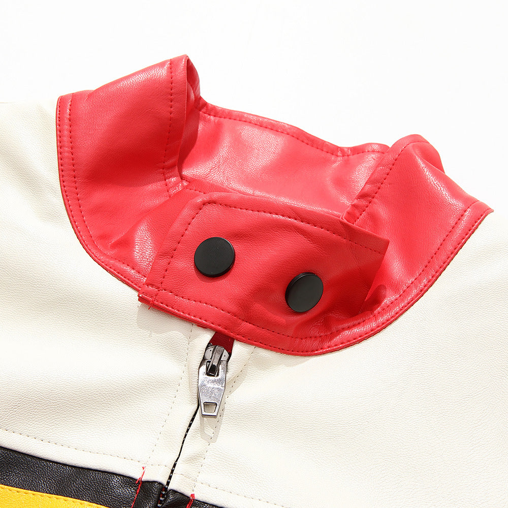 Men's Colorblock Stitching Zipper Stand Collar Leather Jacket