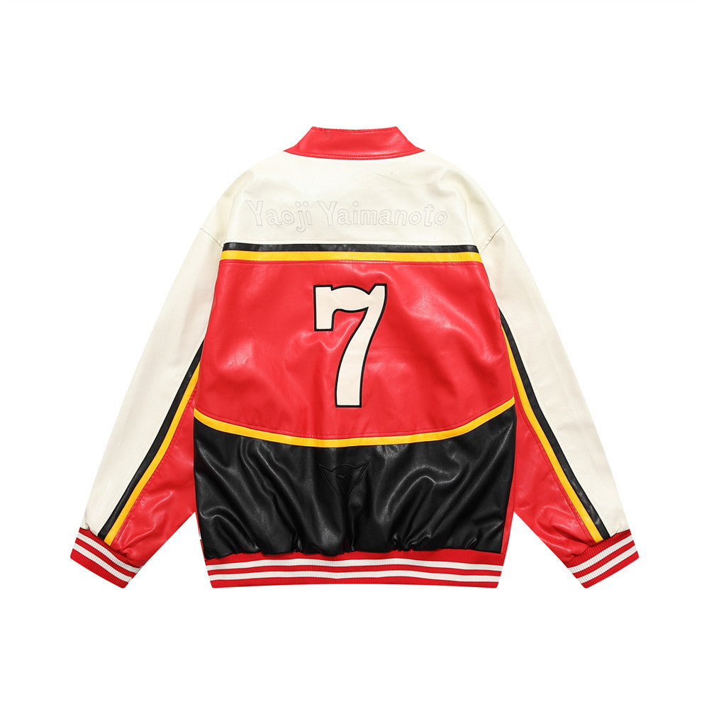 Men's Colorblock Stitching Zipper Stand Collar Leather Jacket