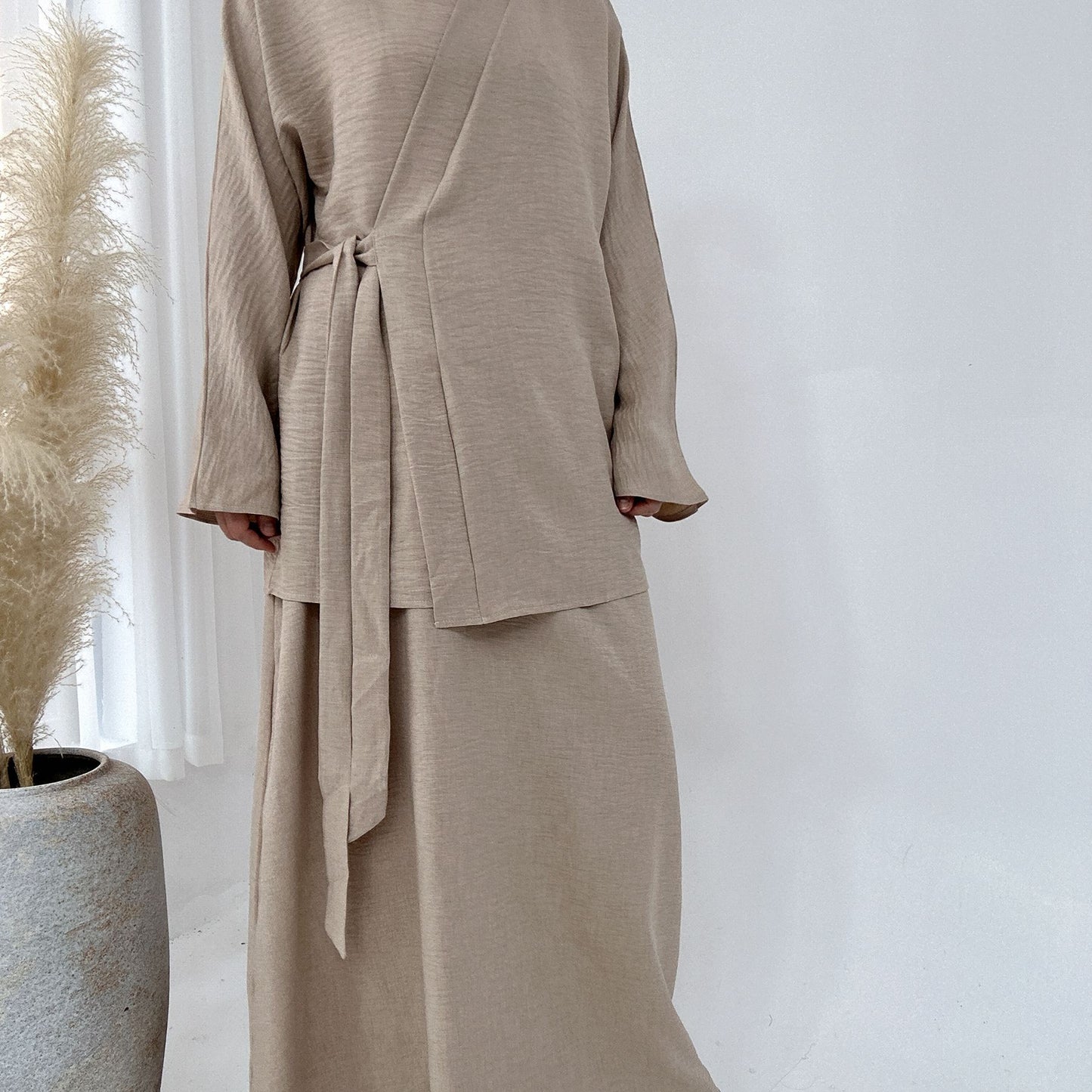 Solid Color Casual Lace Up Middle East Dubai Top And Skirt Suit