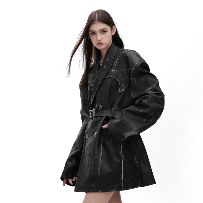 Heavy Niche Deconstruction Retro Distressed PU Leather Suit Jacket