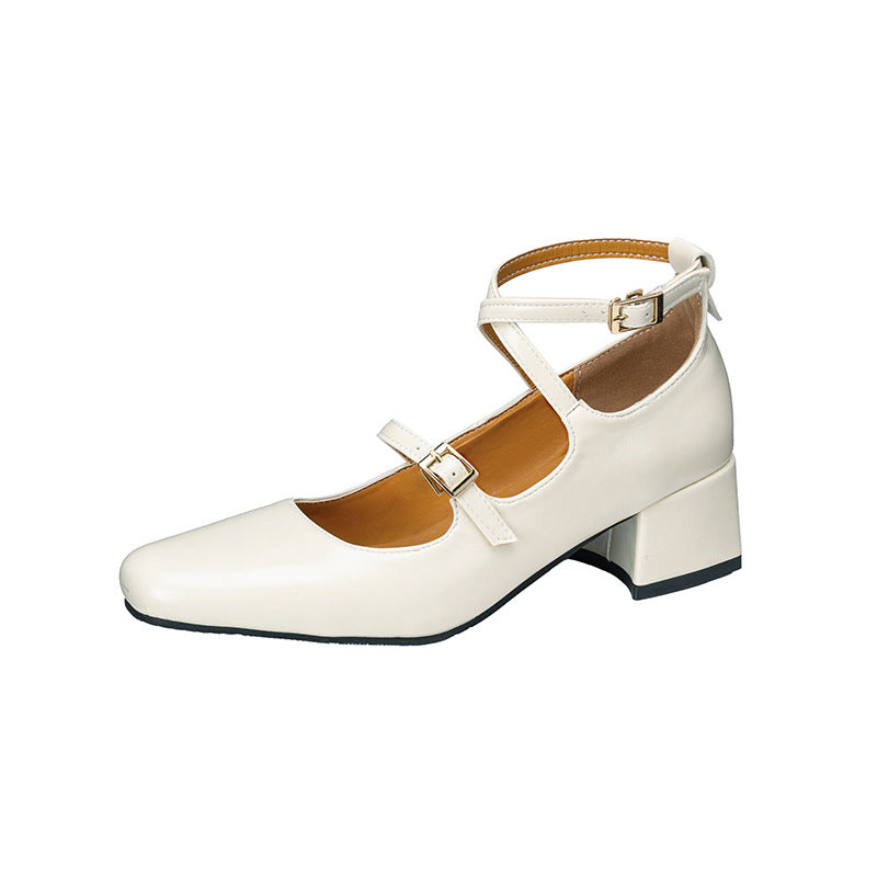 British-style Square-toe Mid-heel Buckle-toe Women's Pumps