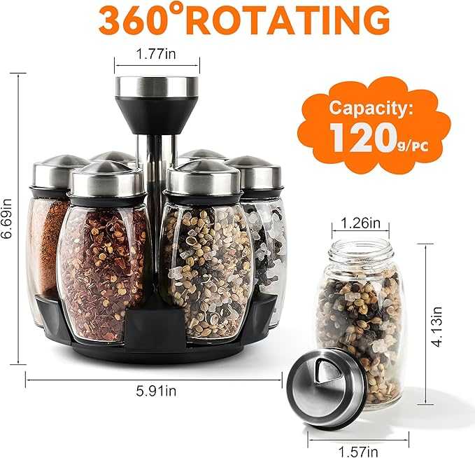 Rotating Spice Rack Organizer – 6 Pcs Glass Jars Set for Modern Kitchen