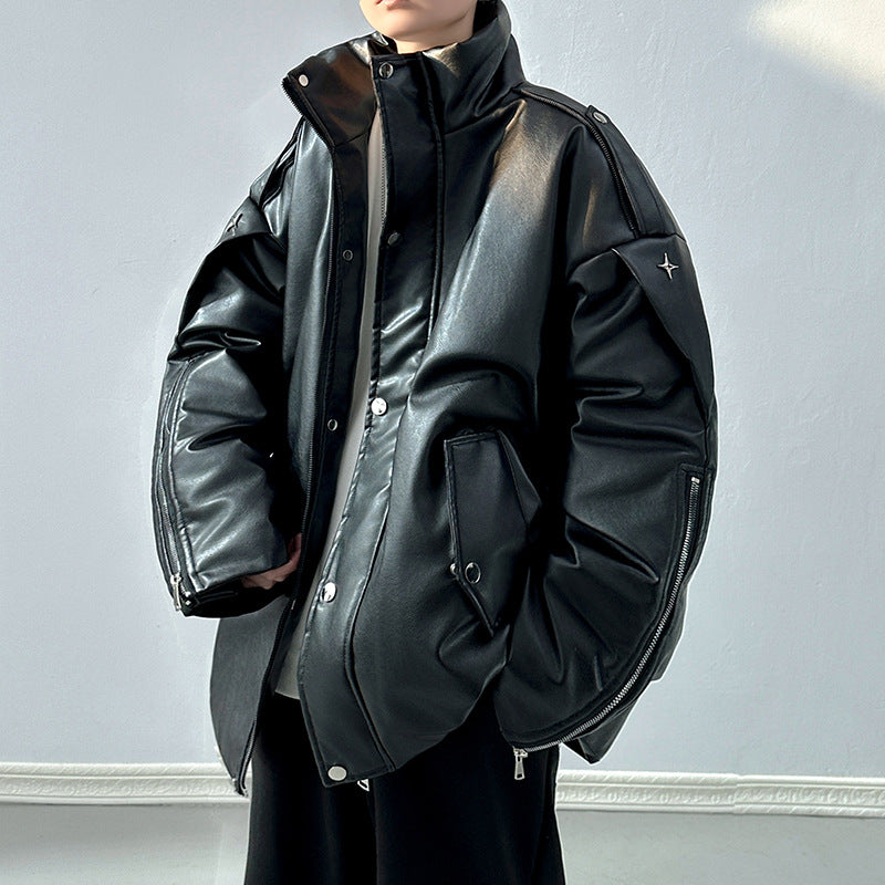 Double-layer Collar Design Cotton Coat Jacket Glossy PU Leather Stitching Thickening Cotton-padded Coat