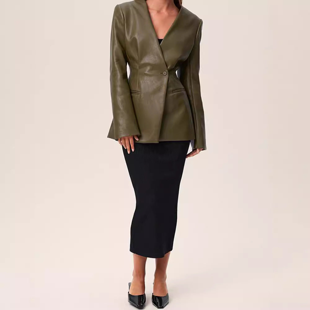 Fashionable Elegant Green V-neck Slim Suit Leather Coat