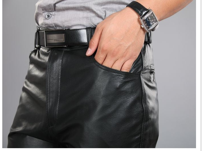 Men's Genuine Leather Straight Slim Fit Trousers Thickened And Warm
