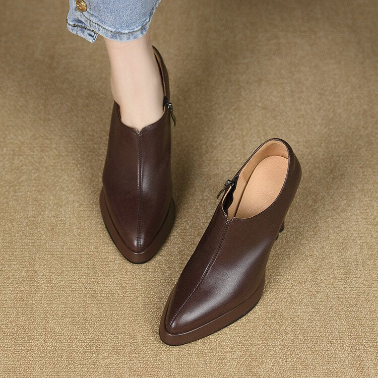 New Style Chunky-heeled Vintage Deep-toe Pumps With Zippers