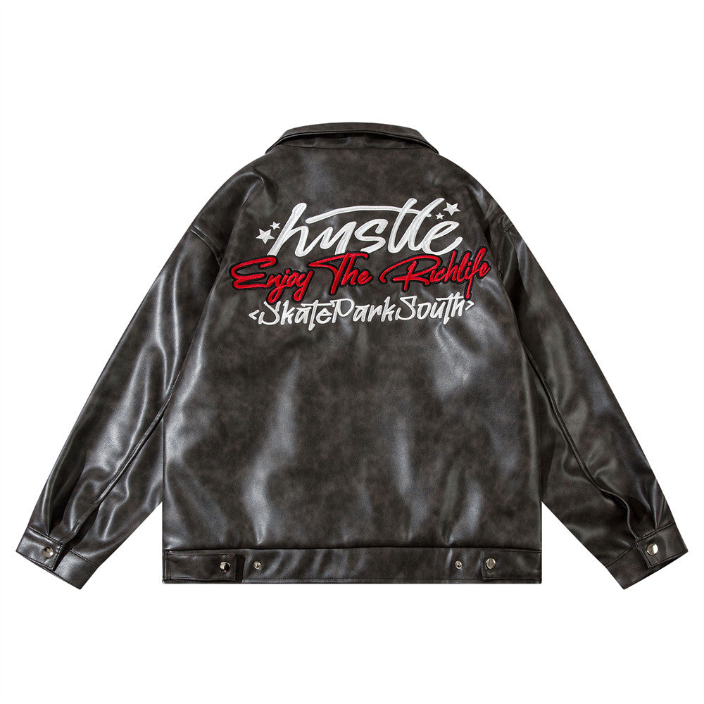American-style Old Embroidery Letters Loose Leather Coat Men