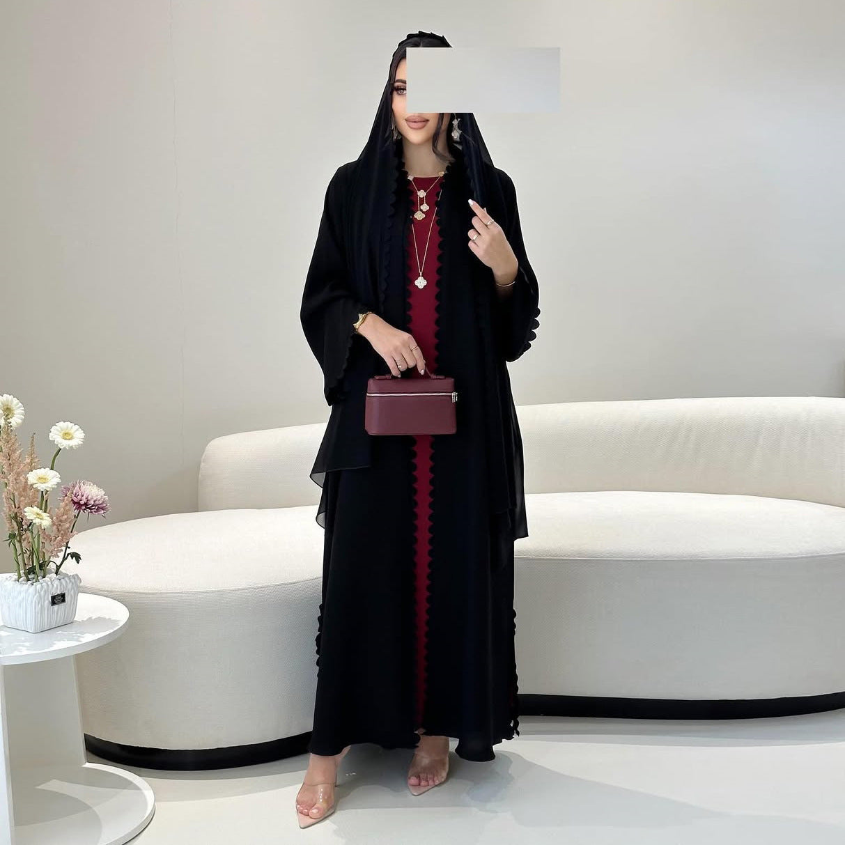 Fashion Dubai Turkey Elegant Cardigan With Scarf Two-piece Set