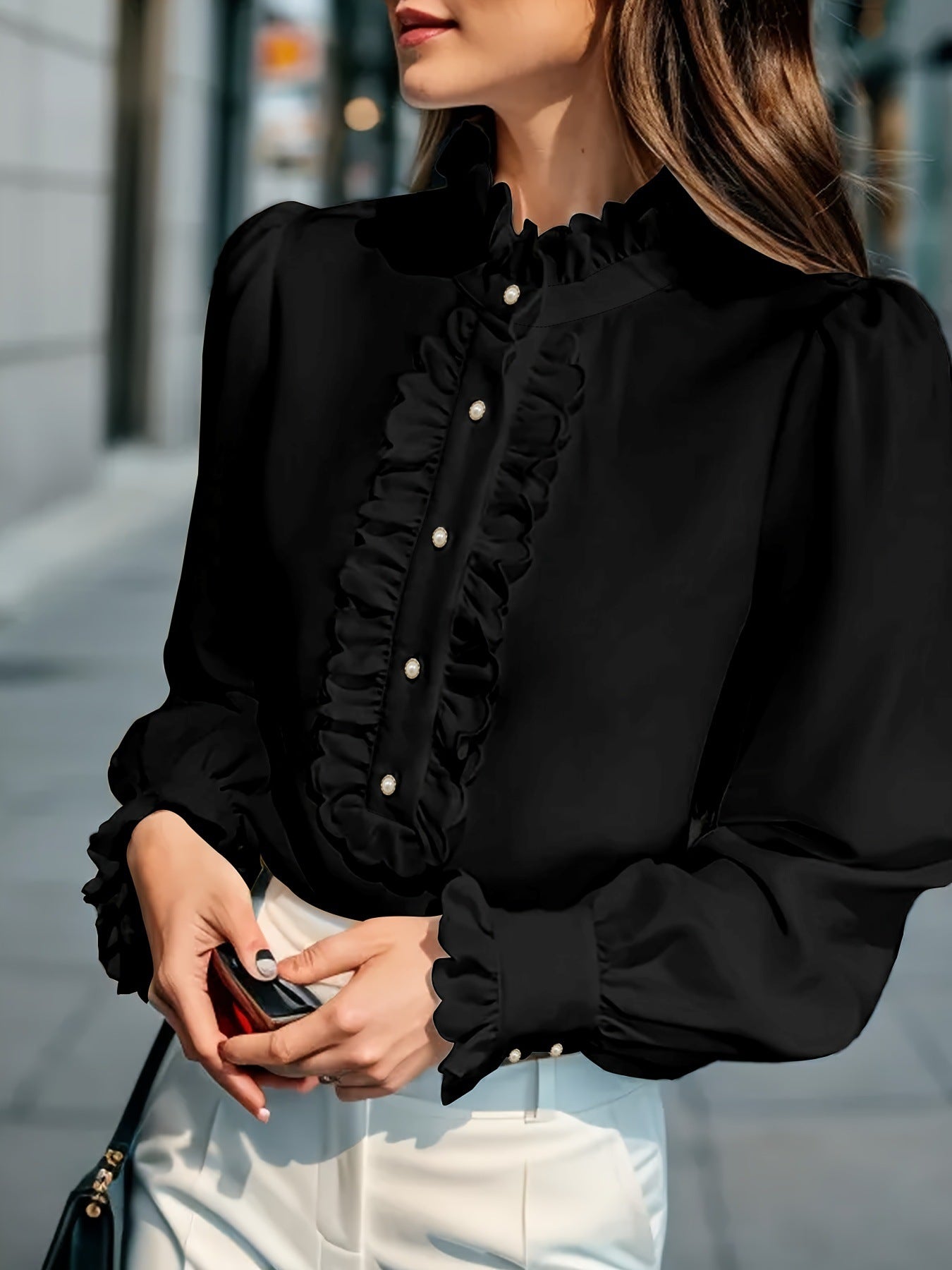 European And American Women's Clothing Shirt Ruffled All-match