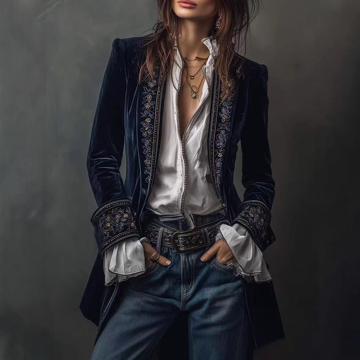 Long Sleeve Solid Color Stitching Lace Pleuche Coat