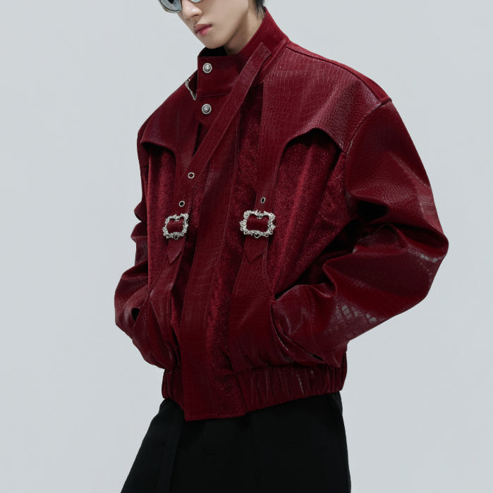 Scale Short Jacket Stand Collar Horse Hair Stitching Heavy Design Leather Coat