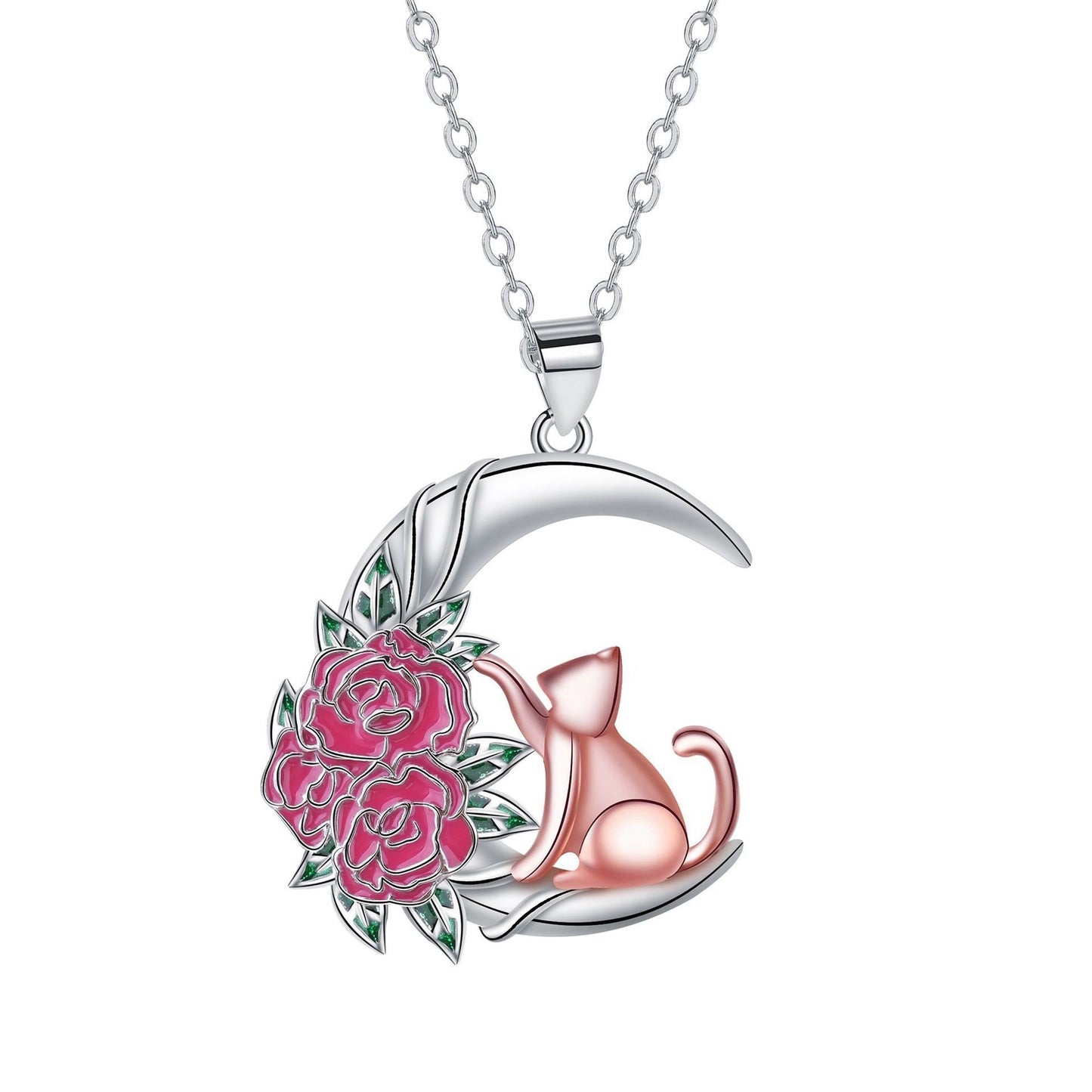 Rose Gold Cat And Rose Necklace