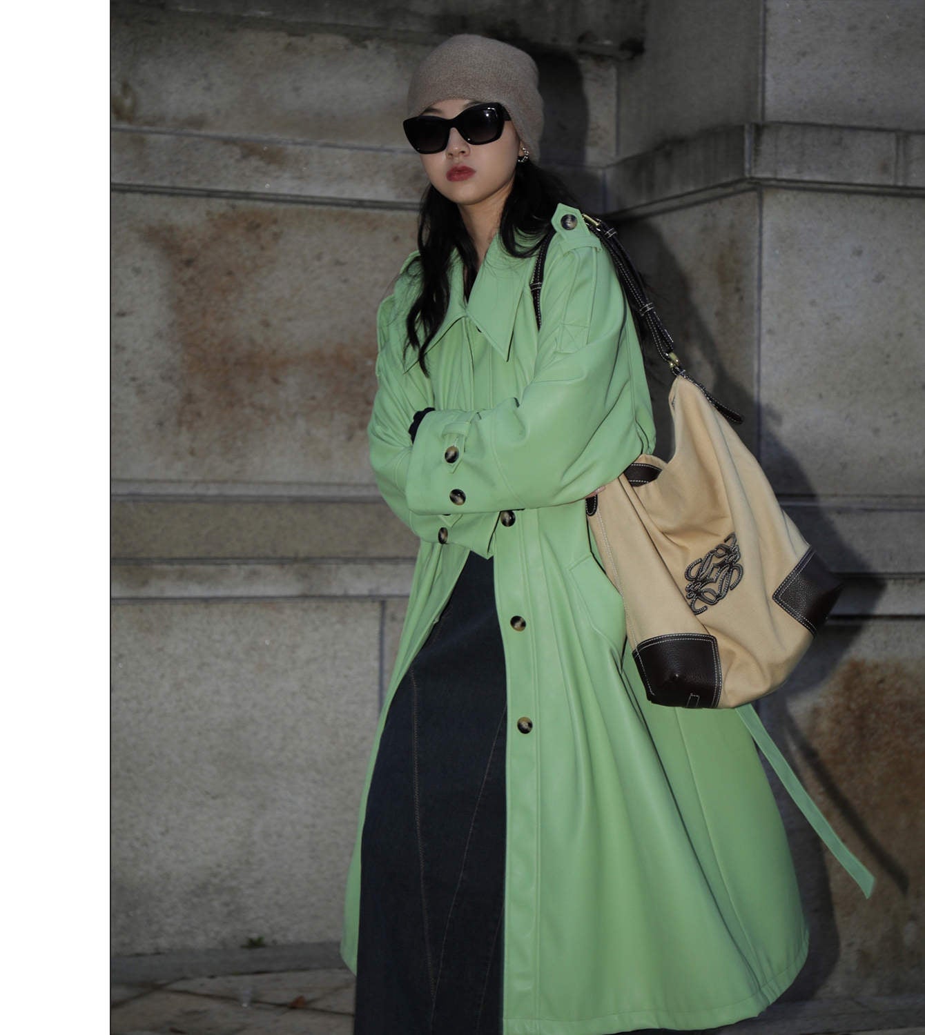 Women's Mid Length Green Leather Trench Coat