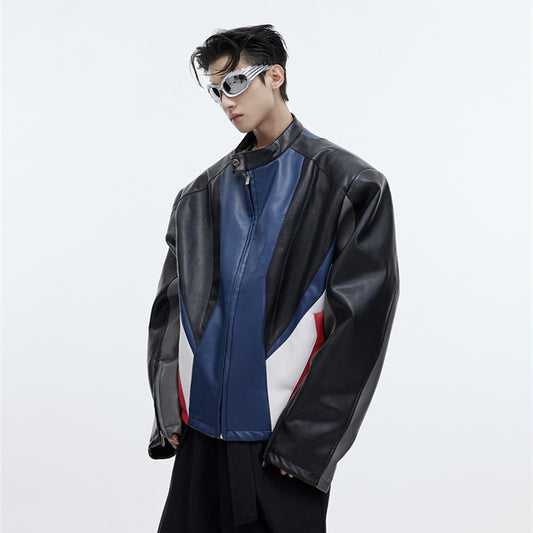 Men's Splicing Color Motorcycle Suit PU Leather