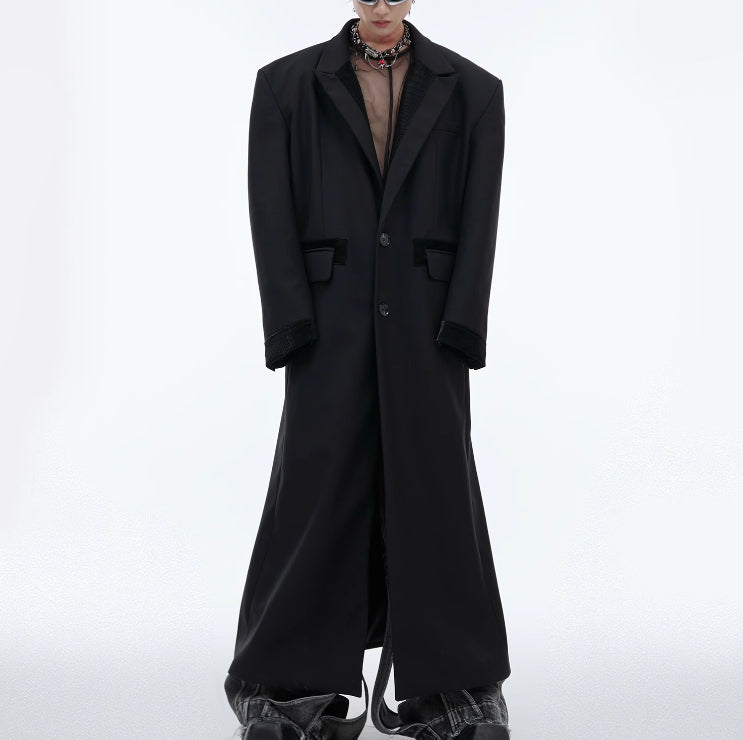 Black Padded Shoulder Coat PU Leather Stitching Design Over The Knee