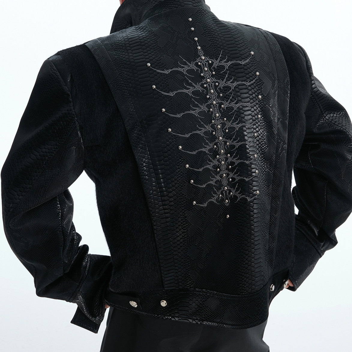 Niche Pattern Snakeskin Stitching Jacket Rivet Embroidery PU Leather Coat
