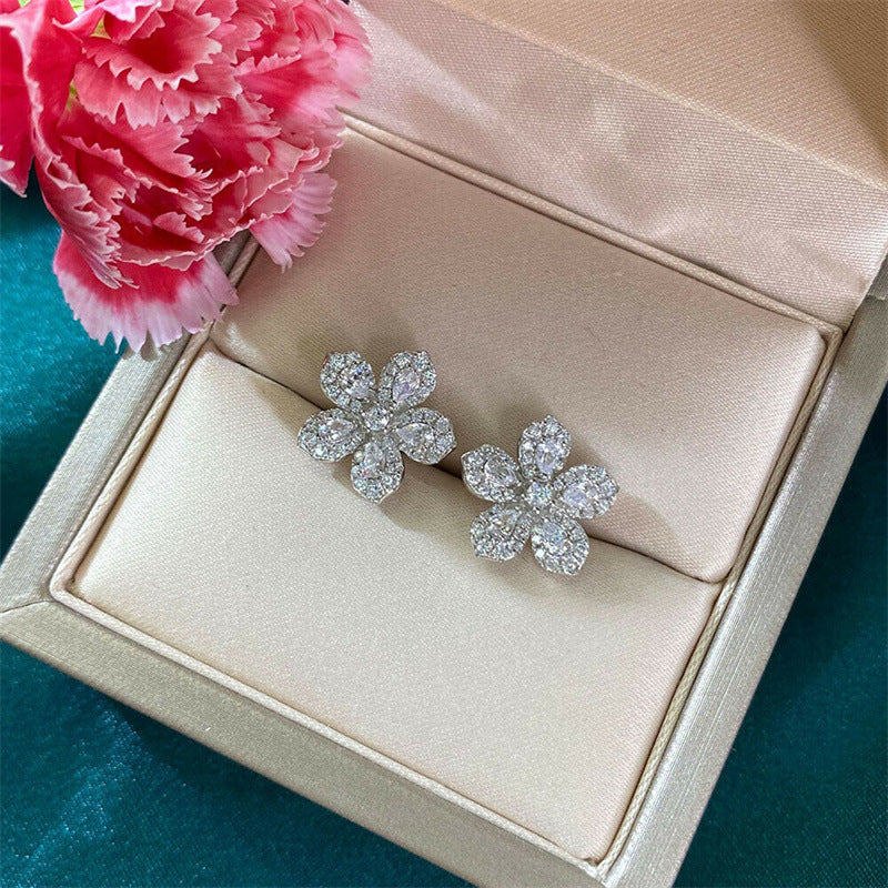 Womens Korean-style Minimalist Micro-pave Full-zircon Stud Earrings