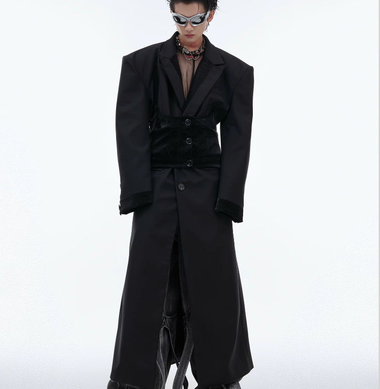 Black Padded Shoulder Coat PU Leather Stitching Design Over The Knee