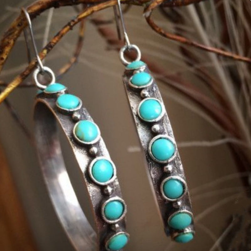 Retro European And American Ring-Style Turquoise-Inlaid Earrings