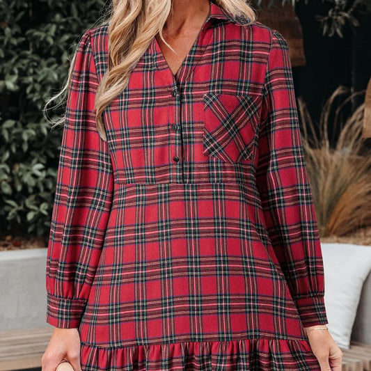 Red Plaid Shirt Collar Half Button Ruffle Hem Long Sleeve Mini Dress
