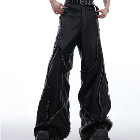 Make Old Metal Chain Wrapped Leather Casual Pants