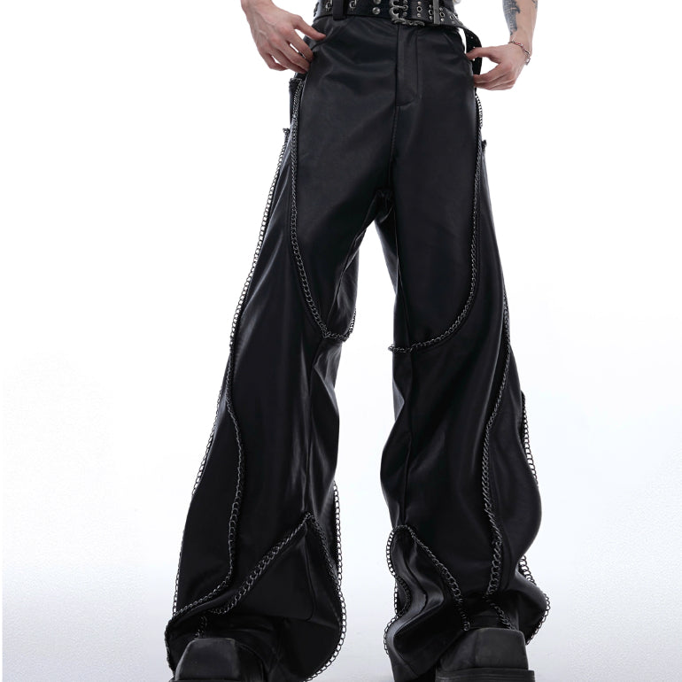 Make Old Metal Chain Wrapped Leather Casual Pants