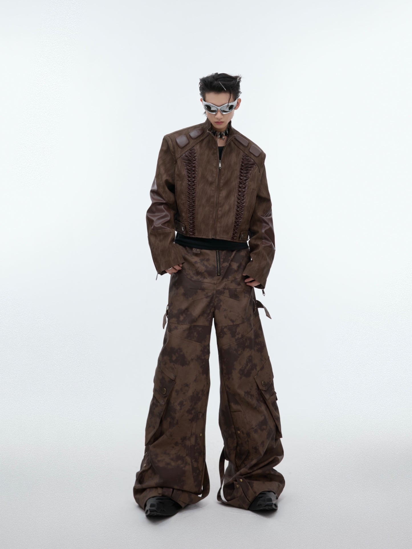 Short Design Padded Shoulder Leather Coat