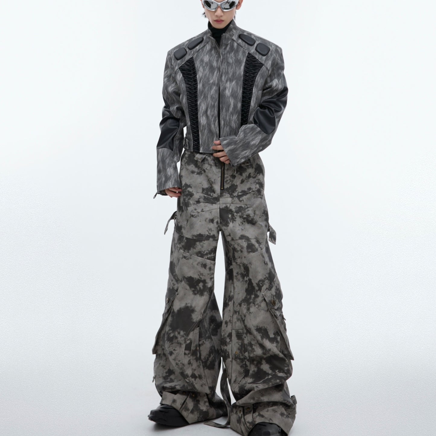 Short Design Padded Shoulder Leather Coat