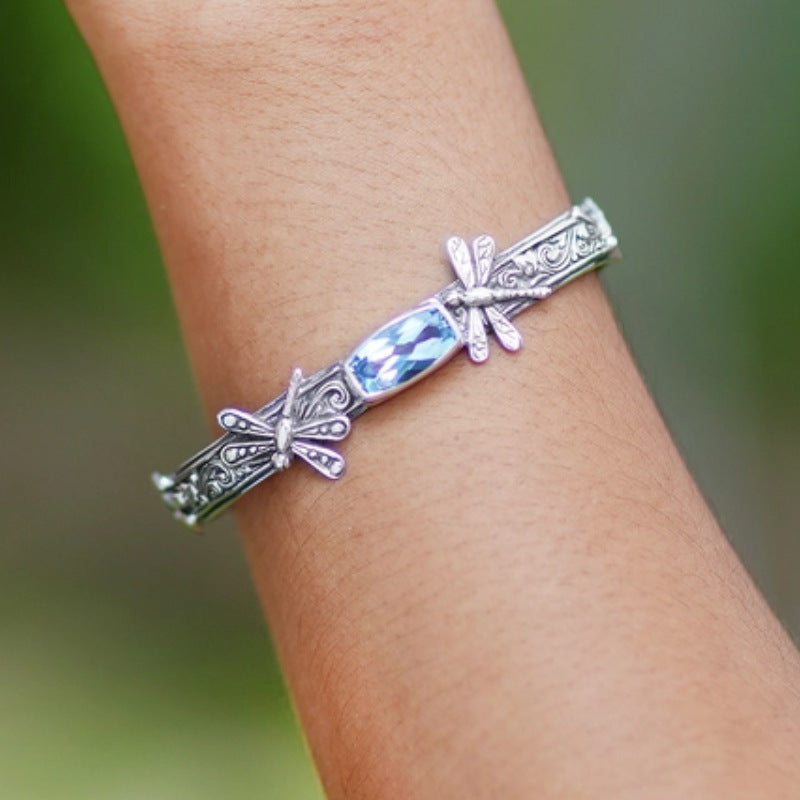 Womens Retro Floral Dragonfly Open Cuff Bracelet