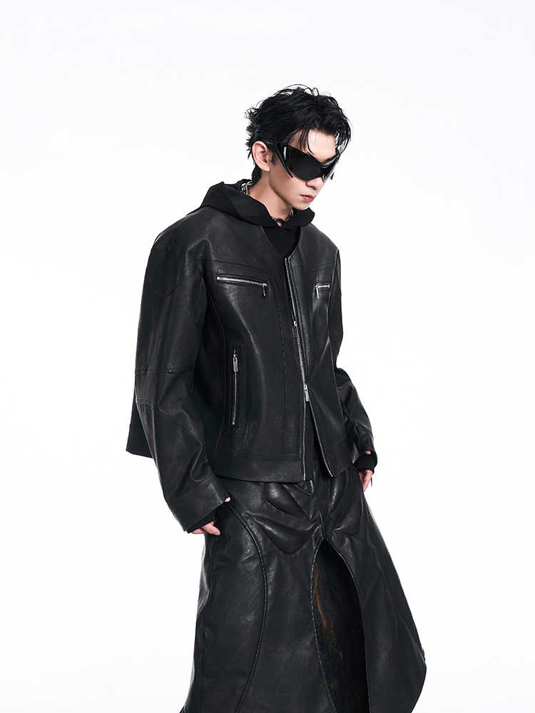 Niche V-neck Zipper Design Leather Coat For Men