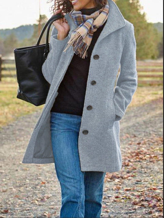 Ladies New Woolen Mid-length Multi-grain Buckle Cardigan Coat