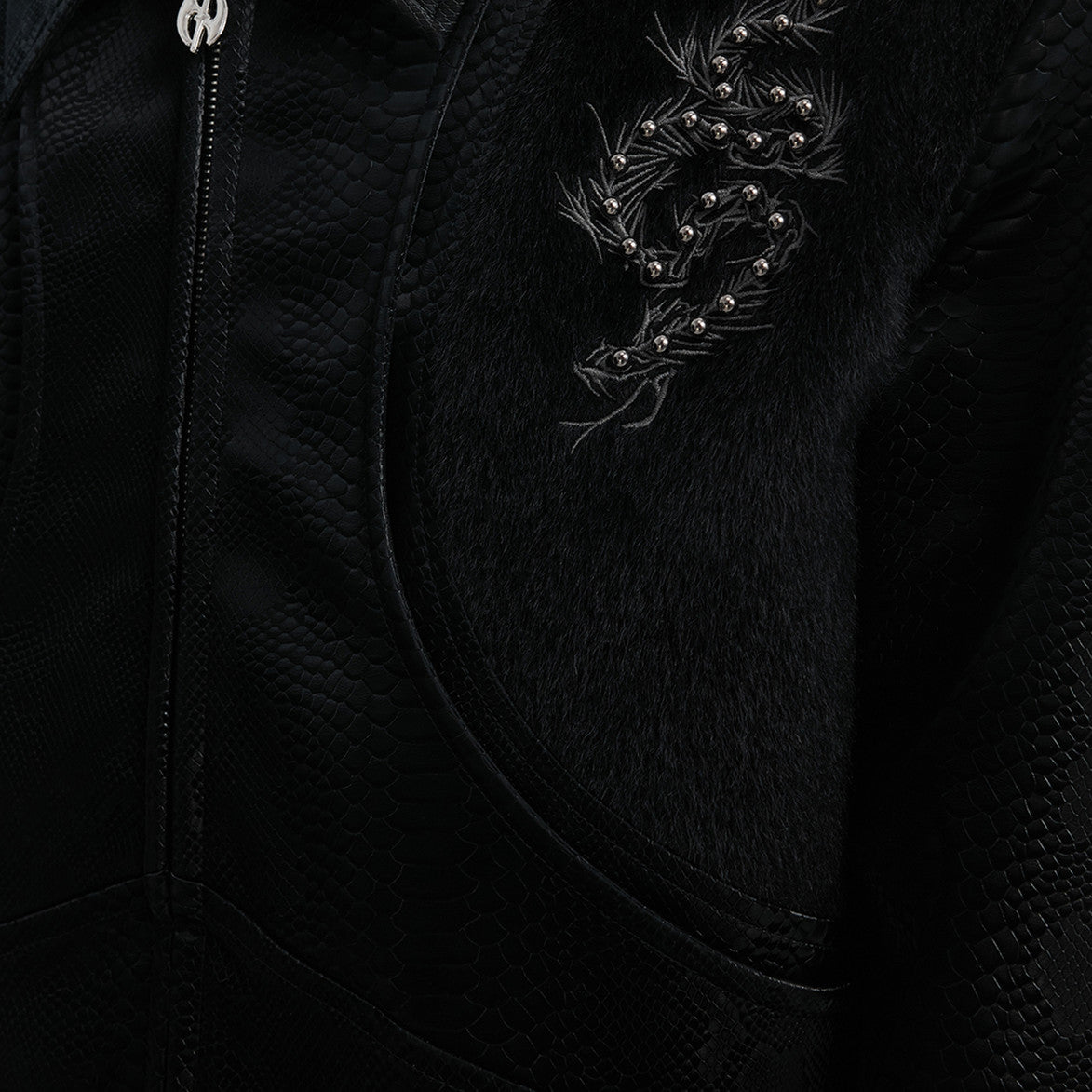 Niche Pattern Snakeskin Stitching Jacket Rivet Embroidery PU Leather Coat